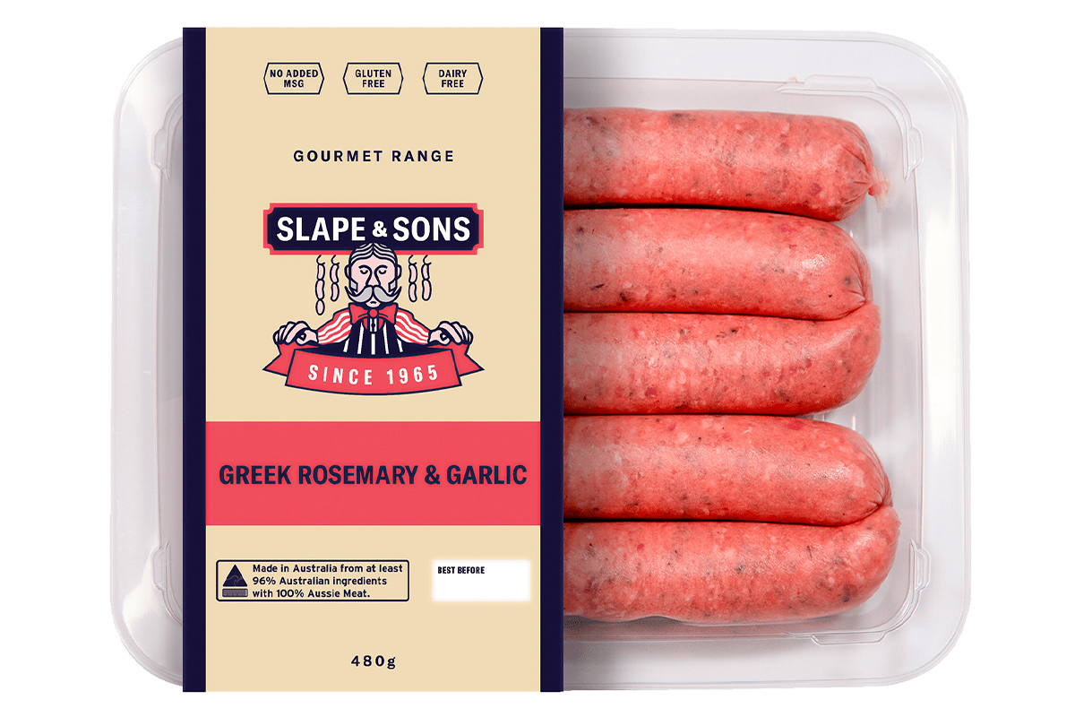 Olsens Corner, Slape & Sons Sausages - Greek Rose & Garlic